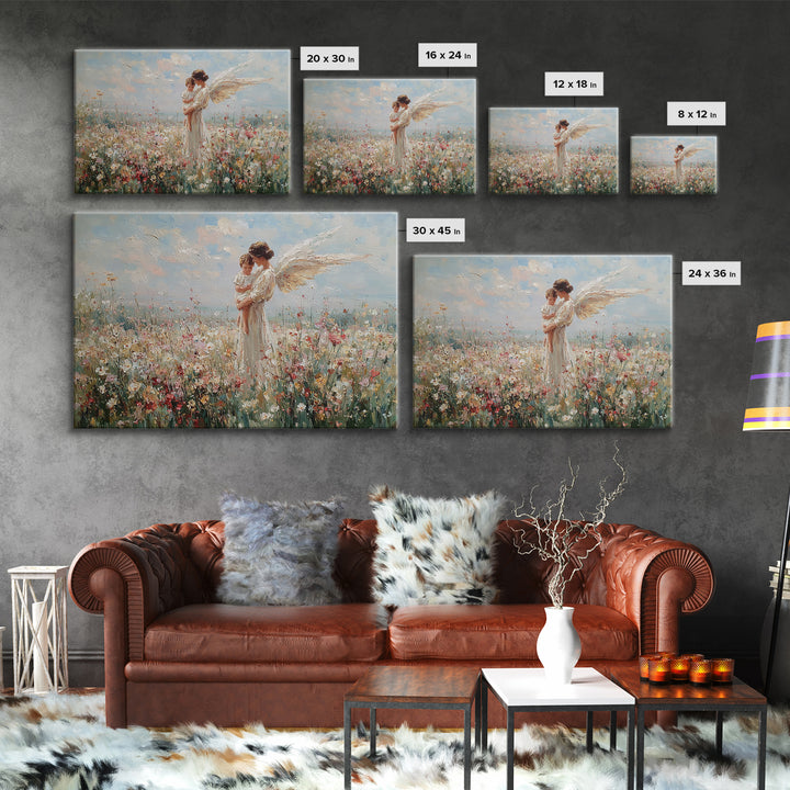 Guardian Angel And Baby Wildflower Wall Art, Christian Canvas Print, Floral Nursery Decor, Baptism Gift, Baby Shower Gift