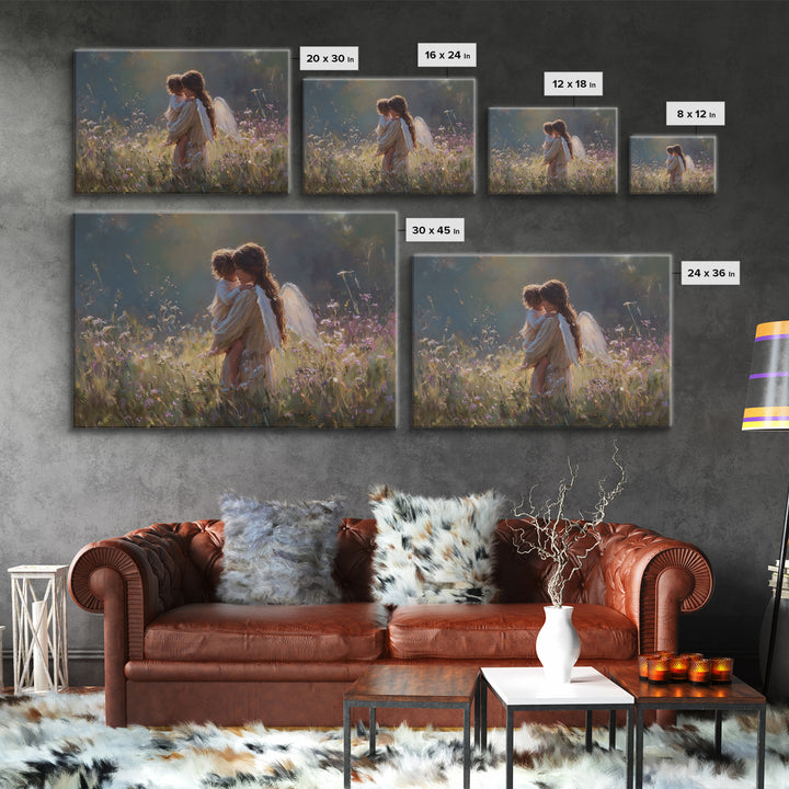 Backlit Angel Mother And Child Wall Art, Moody Wildflower Canvas Print, Christian Nursery Decor, Guardian Angel Gift For Mom