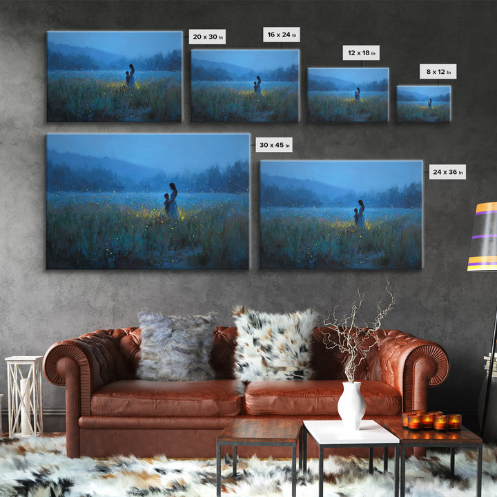 Blue Twilight Mother And Child Firefly Meadow Wall Art, Moody Landscape Canvas Print, Nursery Decor, Gift For Mom, Bedroom Wall Decor
