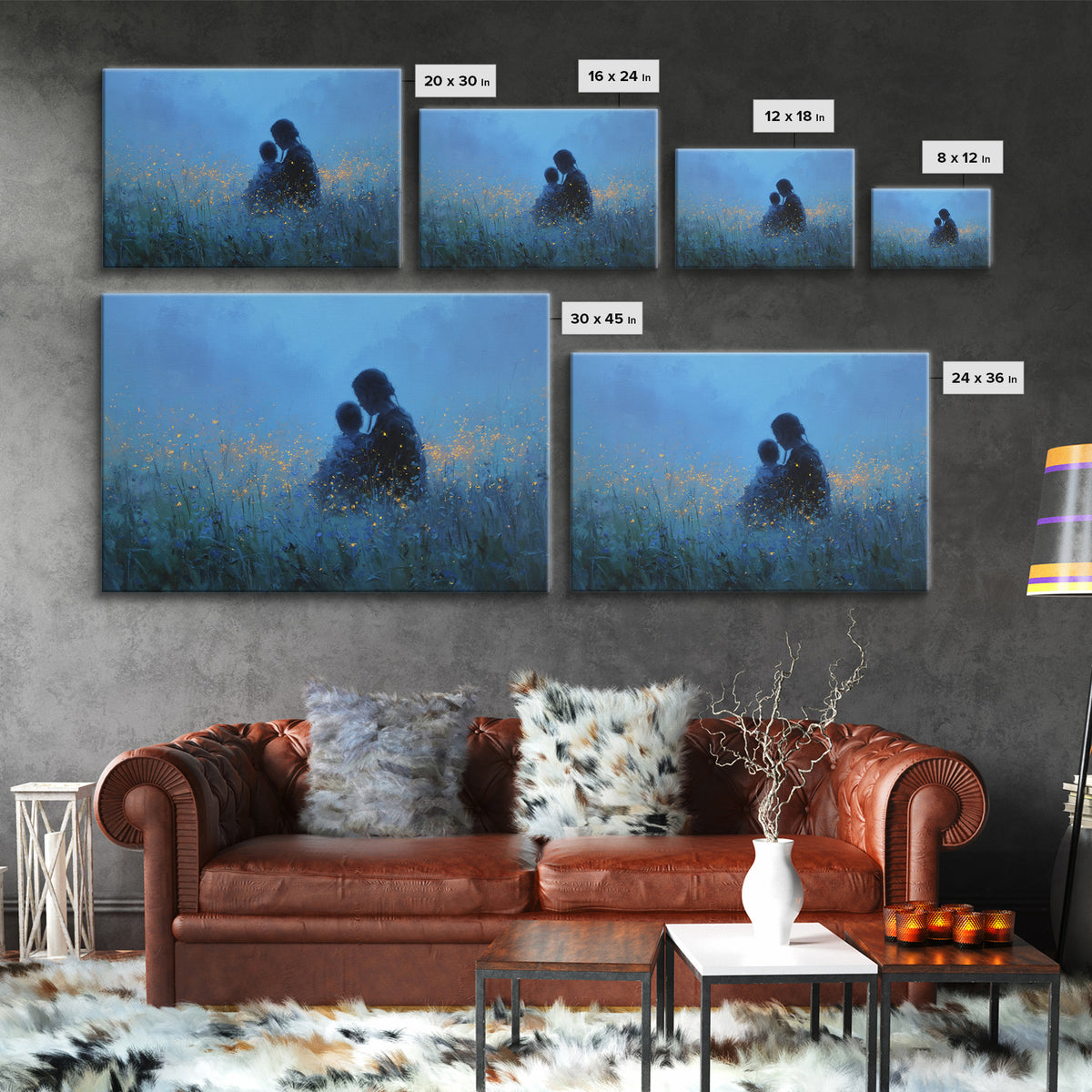 Mother And Baby In Blue Firefly Meadow Wall Art, Moody Nursery Canvas Print, Peaceful Bedroom Decor, Gift For Mom, Newborn Gift