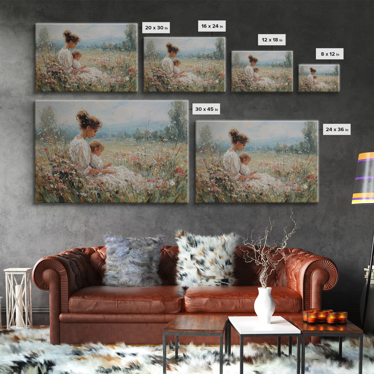 Seated Mother And Child In Sunlit Meadow Wall Art, Impressionist Floral Canvas, Nursery Decor, Housewarming Gift, Living Room Decor