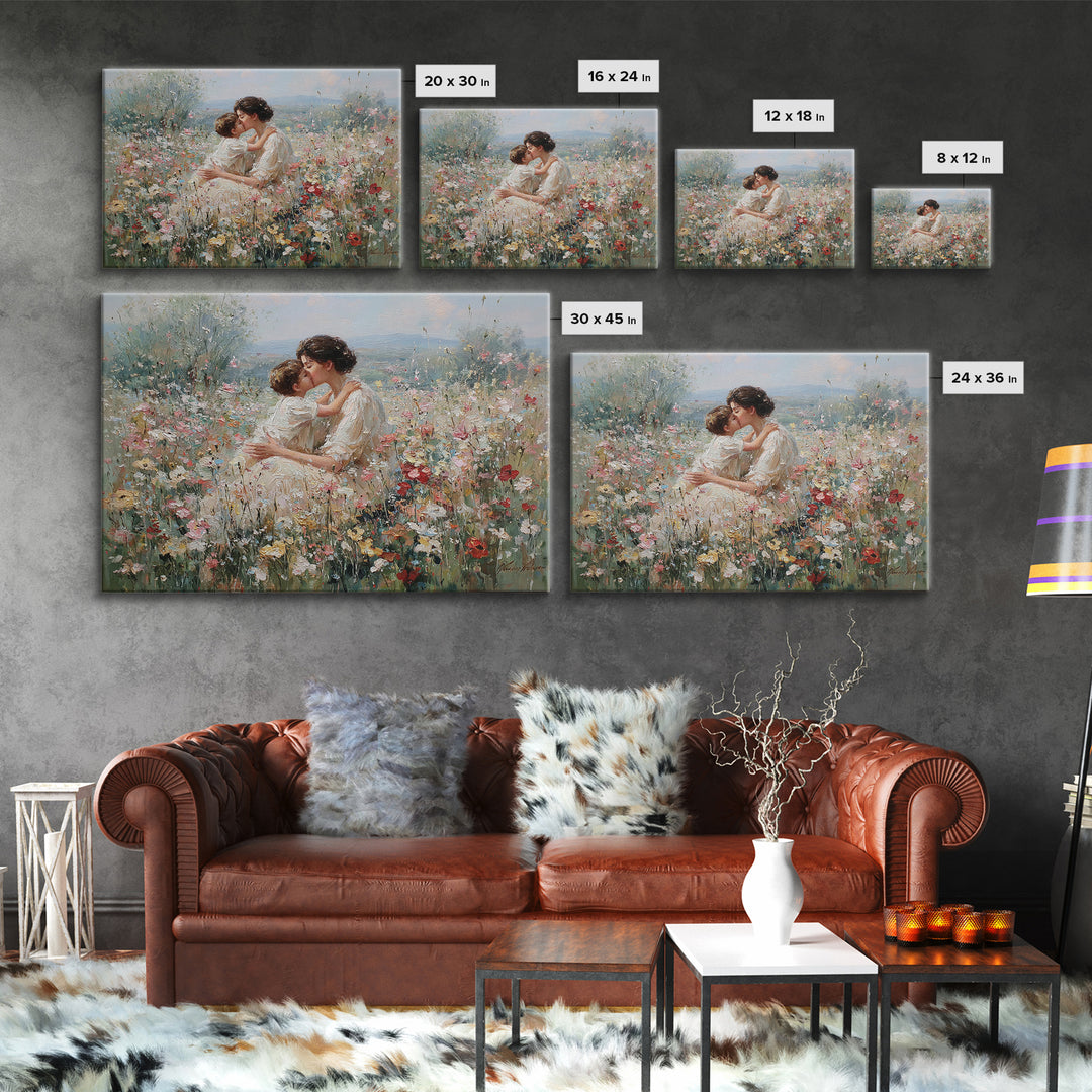 Mother Kissing Child In Romantic Wildflower Field Framed Canvas Print, Floral Wall Art, Feminine Decor, Gift For Her, Nursery Wall Art
