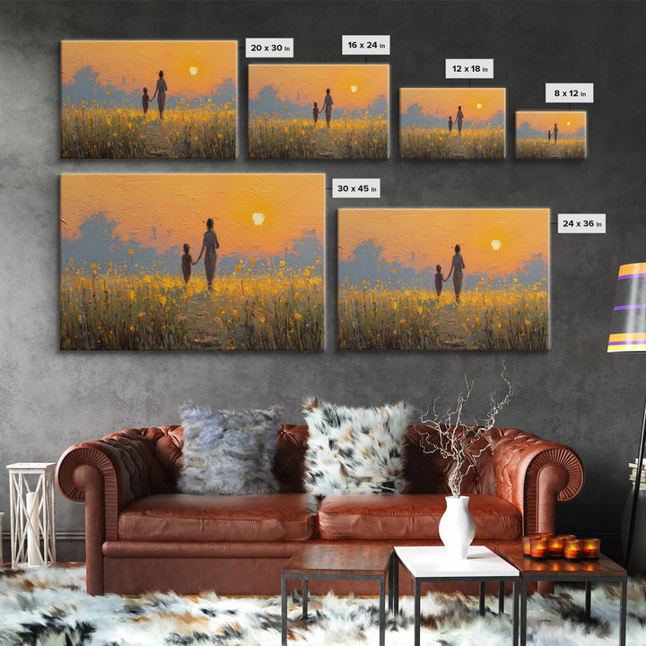 Sunset Silhouette Mother And Child In Yellow Field Wall Art, Warm Landscape Print, Nursery Decor, Above Bed Art, Gift For Her