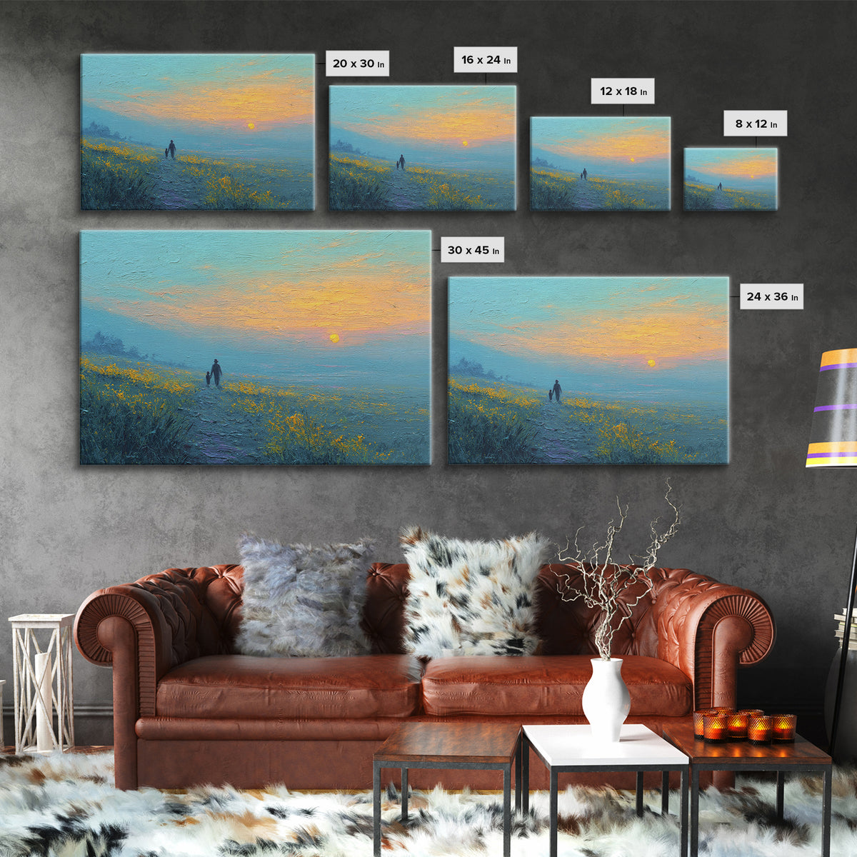 Parent And Child Sunset Path Canvas Print, Blue Yellow Wildflower Meadow Landscape, Calming Wall Art, Gift For Mom, Living Room Decor