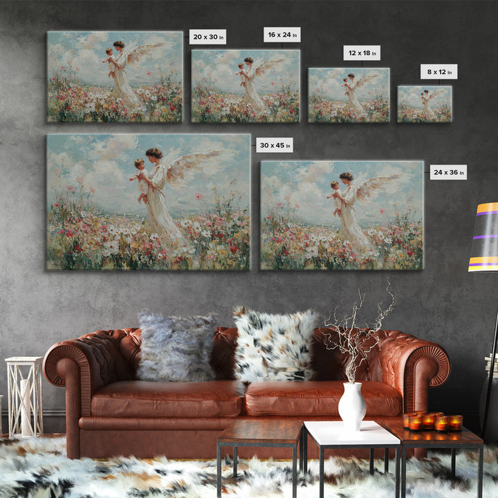 Guardian Angel Holding Child Framed Canvas Print, Heavenly Wildflower Meadow Painting, Christian Wall Art, Nursery Decor Gift