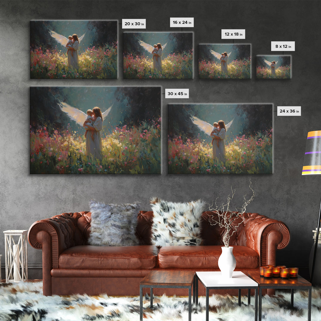Glowing Guardian Angel And Child Wall Art, Dark Floral Meadow Painting, Christian Nursery Decor, Spiritual Gift For Mom, Home Decor