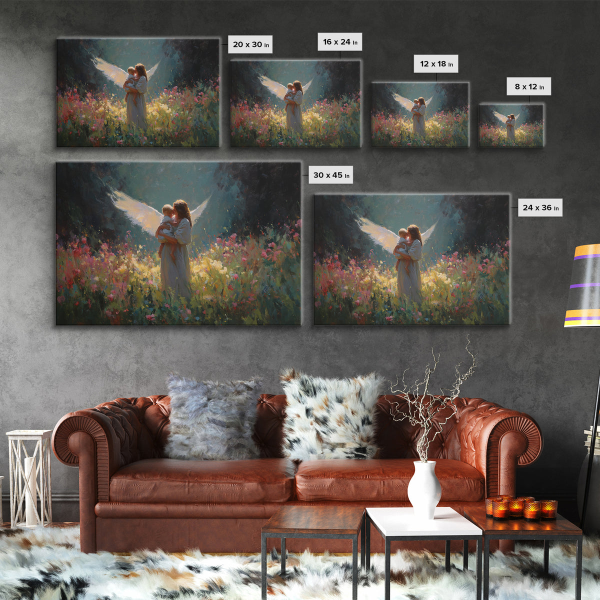 Glowing Guardian Angel And Child Wall Art, Dark Floral Meadow Painting, Christian Nursery Decor, Spiritual Gift For Mom, Home Decor