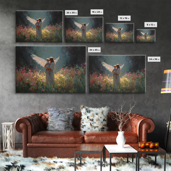 Glowing Guardian Angel And Child Wall Art, Dark Floral Meadow Painting, Christian Nursery Decor, Spiritual Gift For Mom, Home Decor