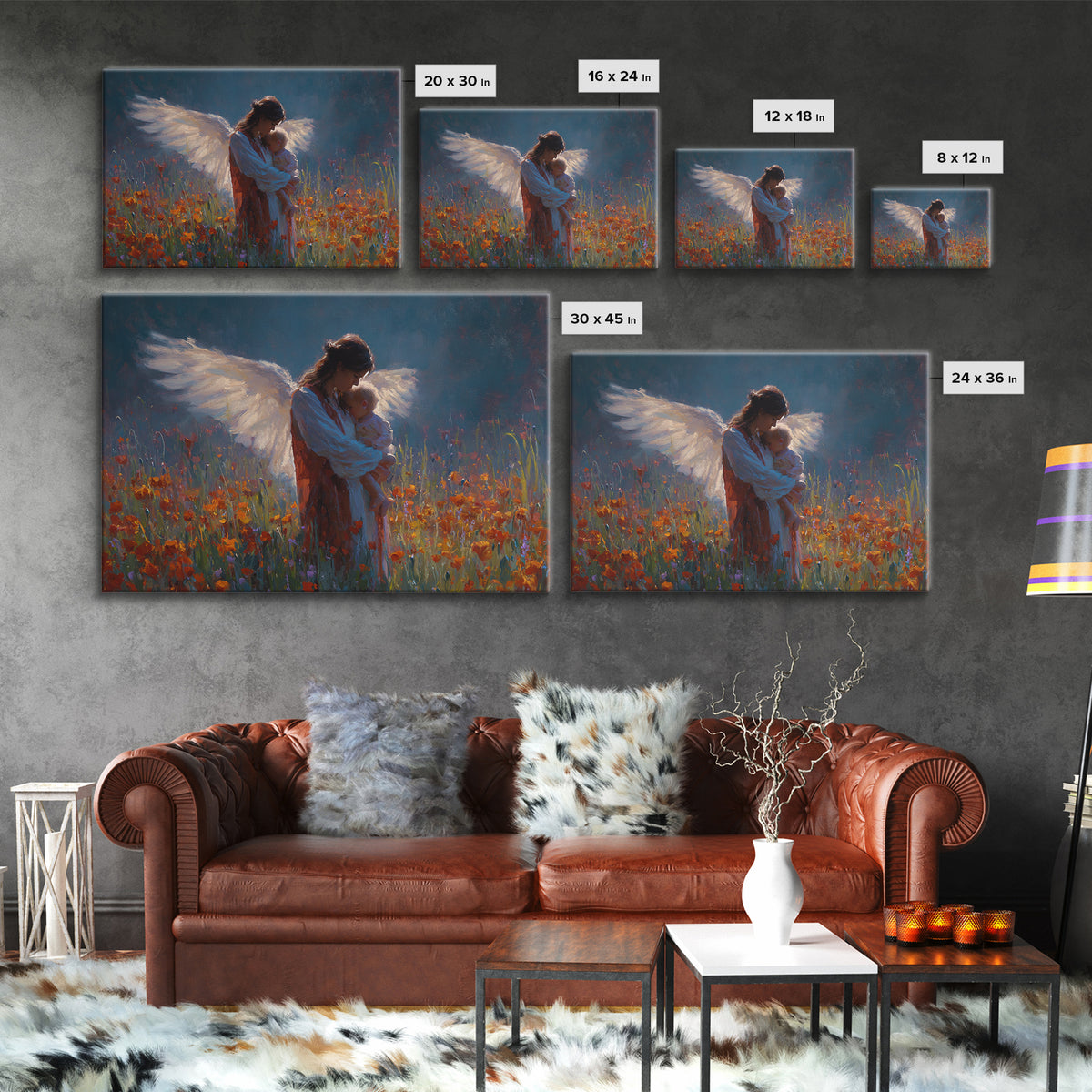 Angel Mother Holding Baby In Poppy Meadow Wall Art, Dark Blue Floral Painting, Christian Nursery Decor, Spiritual Gift For Mom