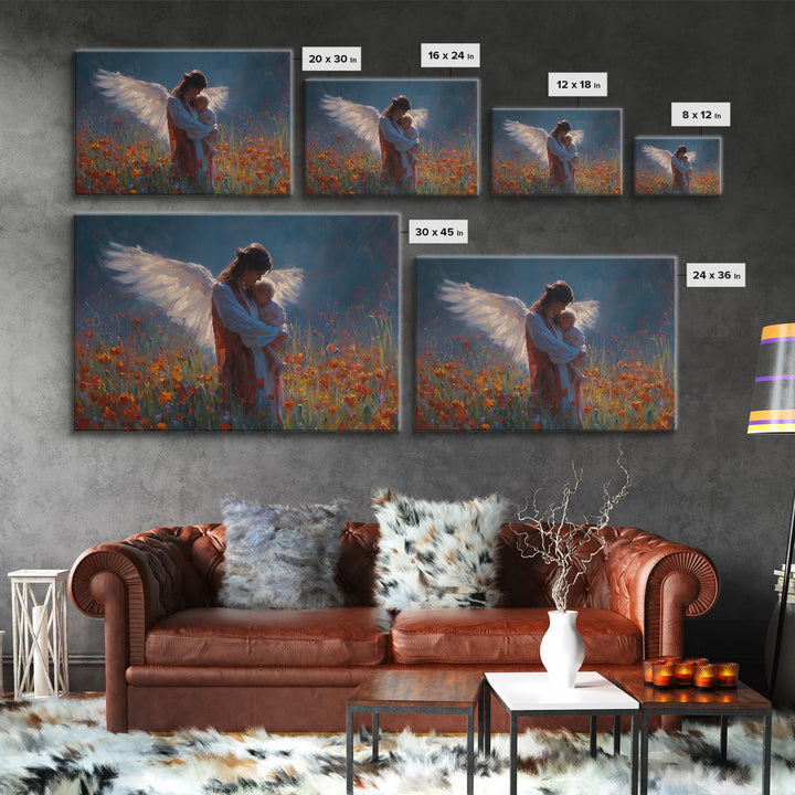 Angel Mother Holding Baby In Poppy Meadow Wall Art, Dark Blue Floral Painting, Christian Nursery Decor, Spiritual Gift For Mom