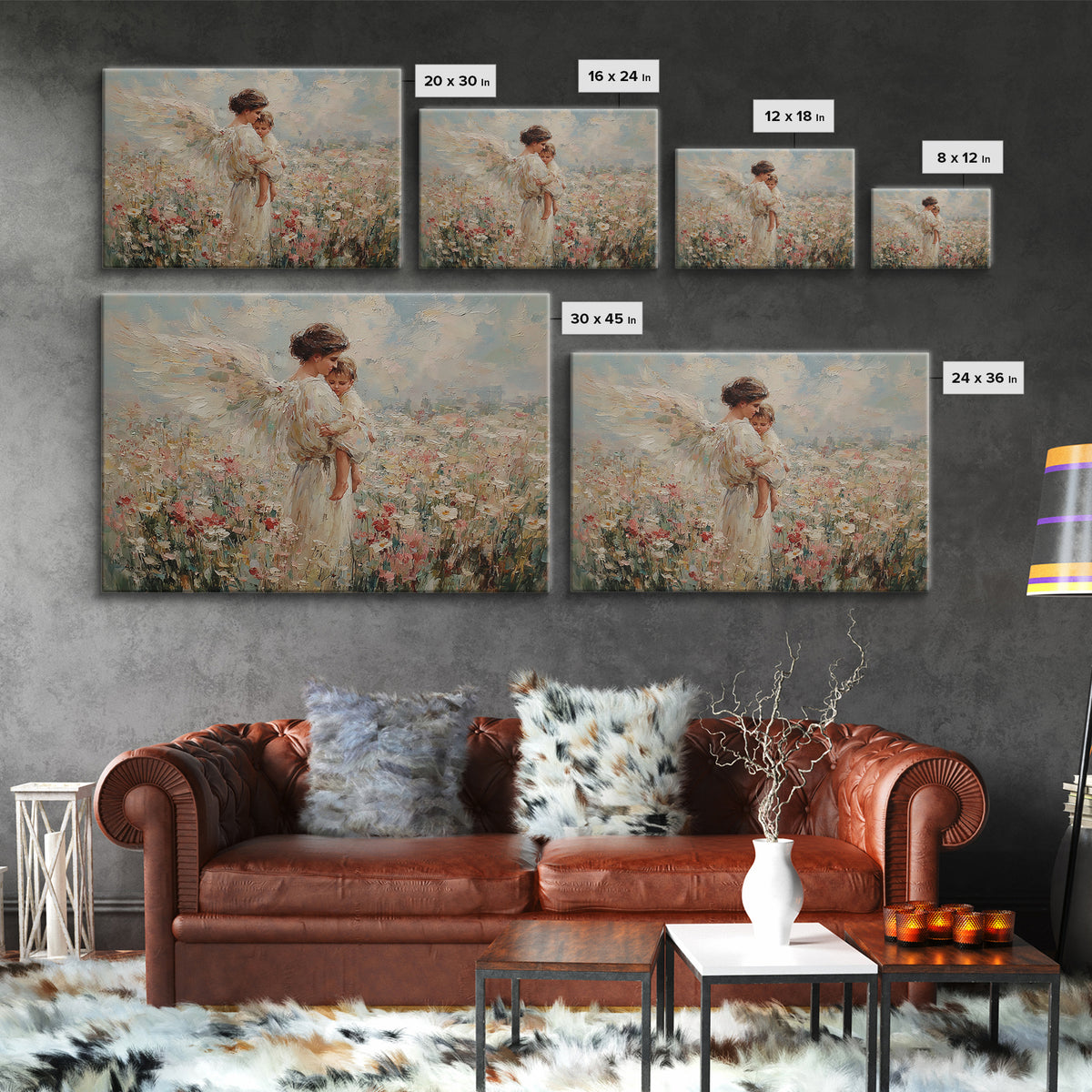 Guardian Angel Mother And Child In Wildflower Meadow Wall Art, Impressionist Oil Painting, Nursery Decor, Gift For Mom, Baby Shower Gift