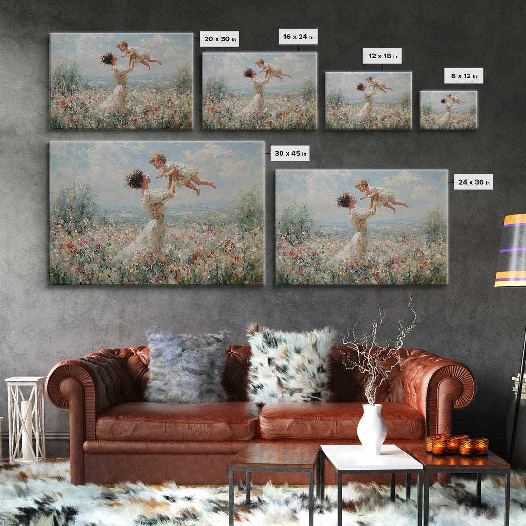 Mother Lifting Baby In Soft Floral Meadow Wall Art, Impressionist Oil Painting, Feminine Nursery Decor, Baby Shower Gift