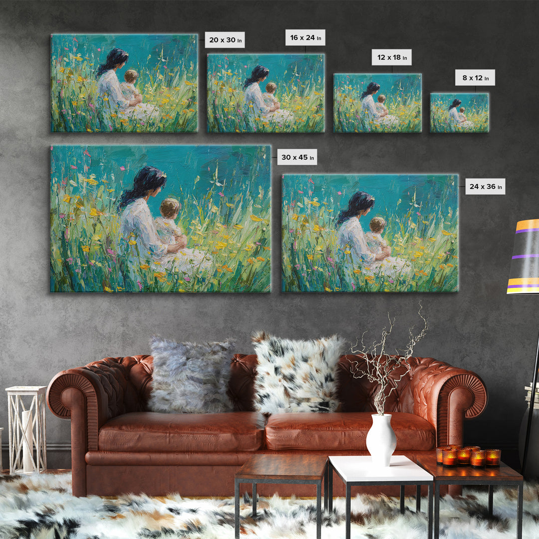 Mother Holding Baby In Teal Wildflower Garden Canvas Print, Impressionist Floral Wall Decor, Nursery Art, Living Room Art, Gift For Mom