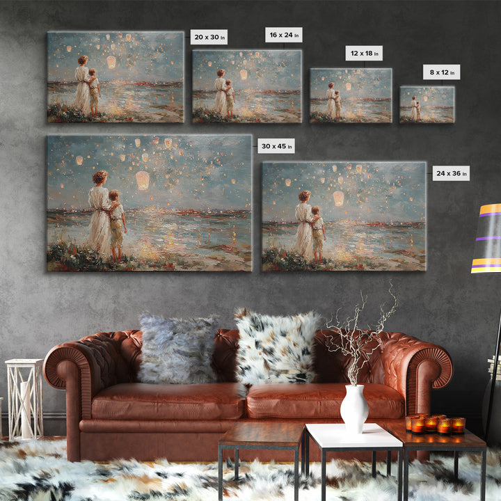Mother And Son Watching Floating Lanterns Over Water Wall Art, Impressionist Night Lake Print, Romantic Coastal Home Decor