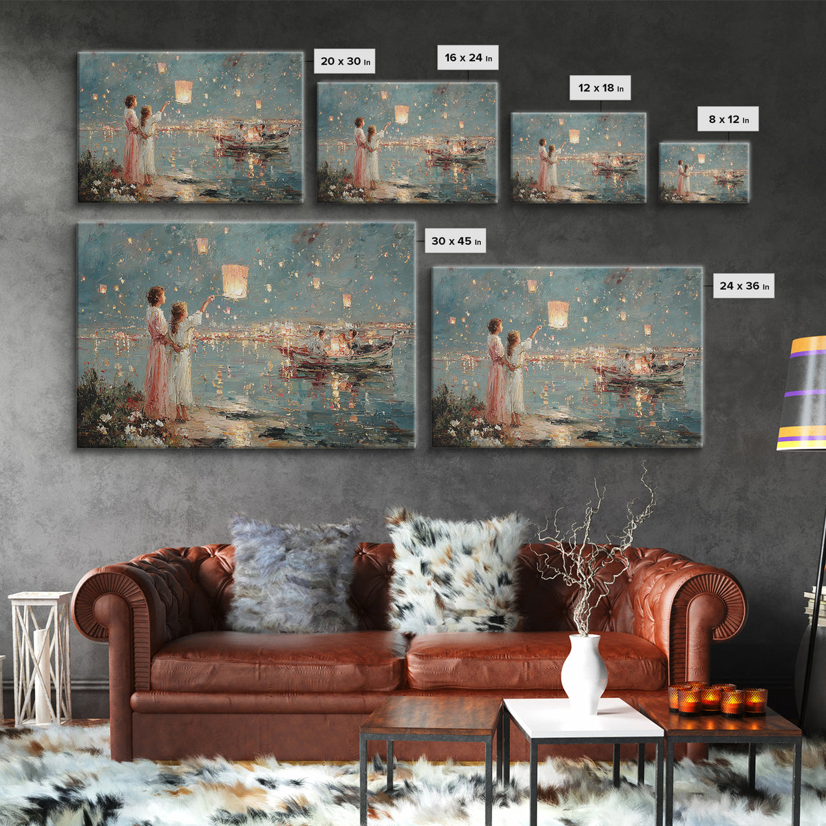 Mother And Daughter Releasing Sky Lanterns By Lake Canvas Print, Impressionist Coastal Night Art, Living Room Wall Decor
