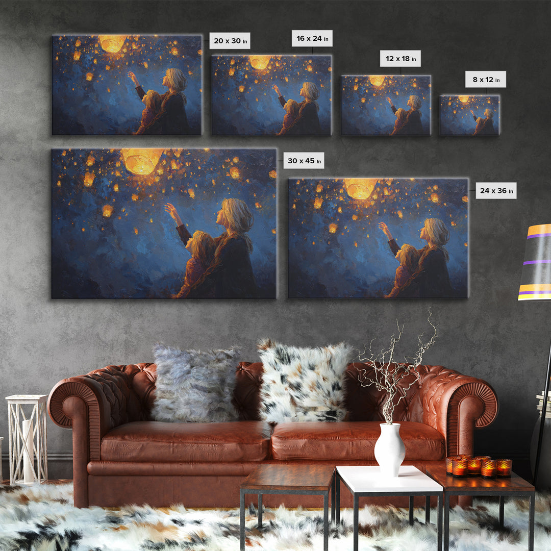 Mother And Child Reaching For Glowing Sky Lantern Canvas Print, Starry Night Wall Art, Celestial Nursery Decor, Gift For Mom