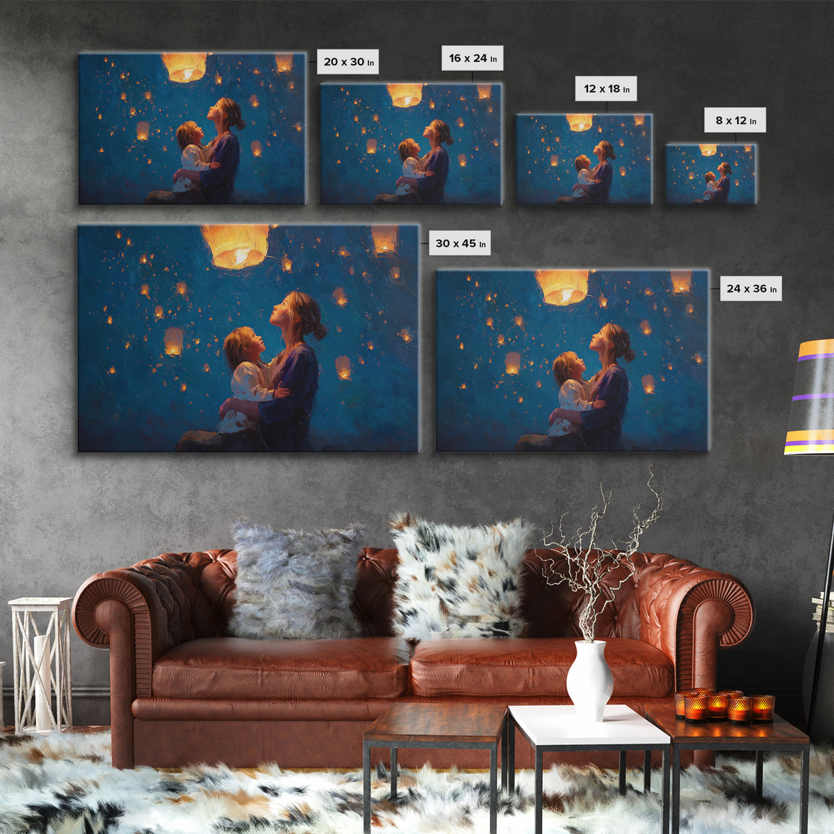 Mother And Child Sky Lanterns At Night Framed Canvas Print, Blue Celestial Wall Art, Nursery Decor, Gift For Mom, Bedroom Decor