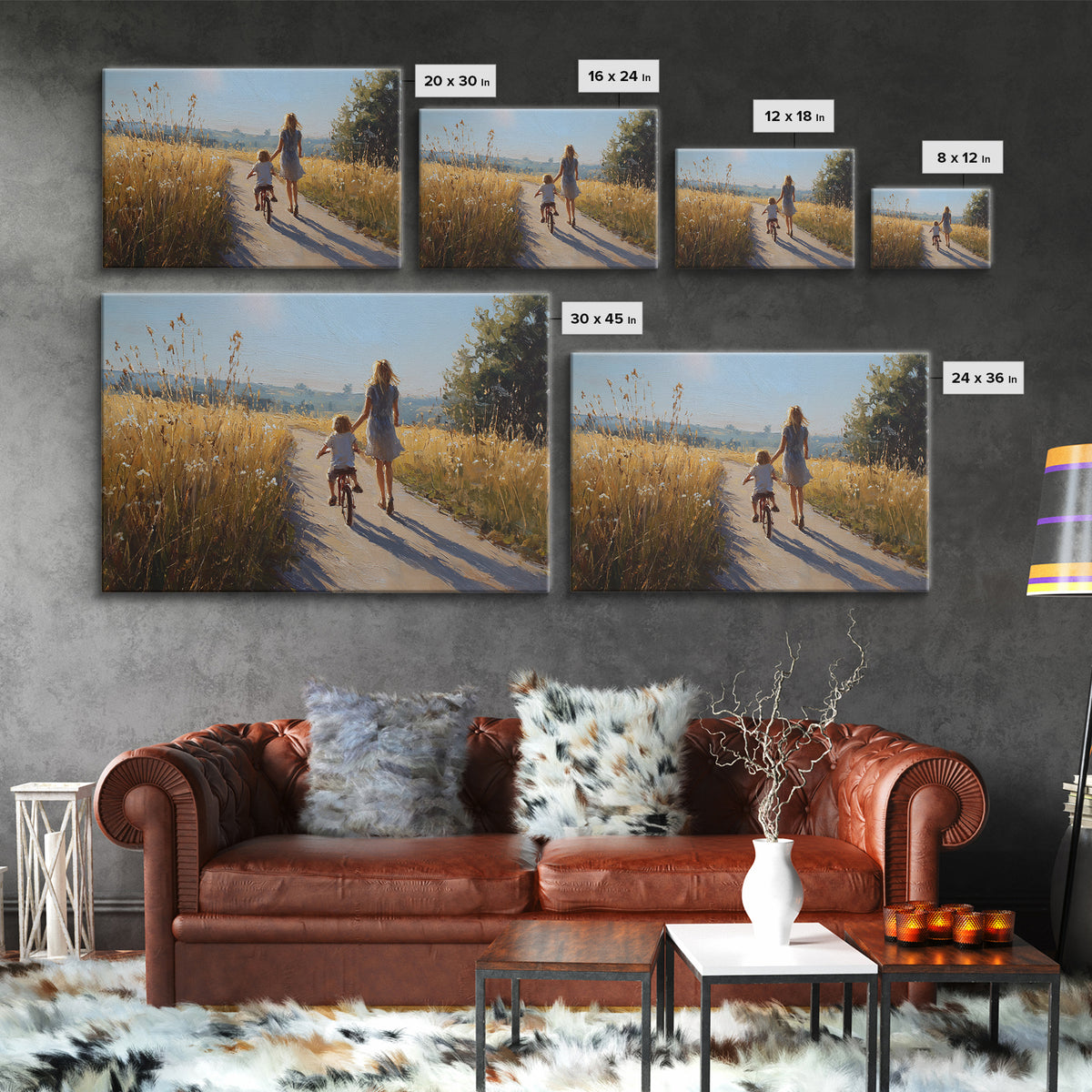 Mother And Child Bike Ride Through Wheat Fields Framed Canvas Print, Summer Landscape Wall Art, Gift For Mom, Home Decor
