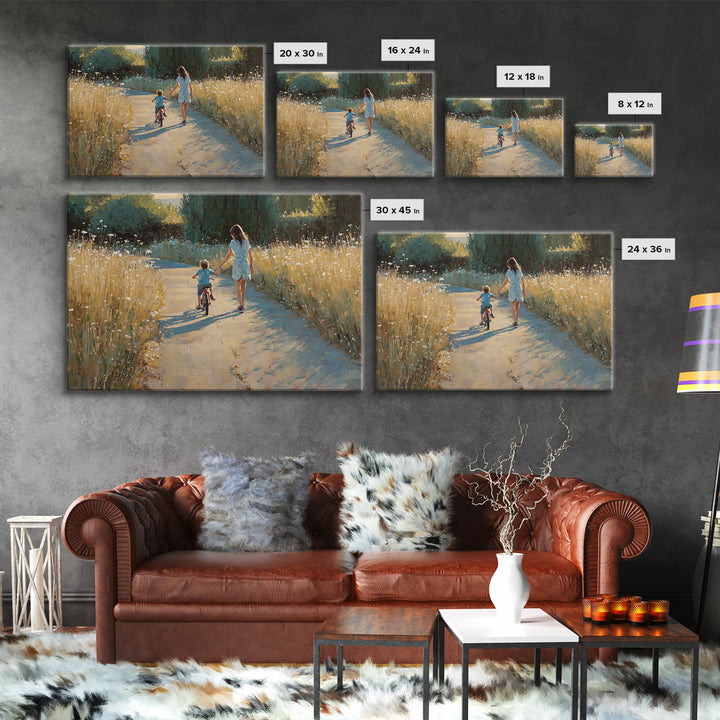 Mother Walking With Child On Bicycle Canvas Print, Golden Meadow Path Wall Art, Rustic Country Decor, Gift For Mom, Home Decor