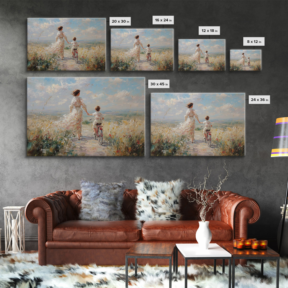 Mother And Child Cycling By Seaside Wildflowers Wall Art, Impressionist Coastal Canvas, Family Gift, Living Room Decor, Housewarming Gift