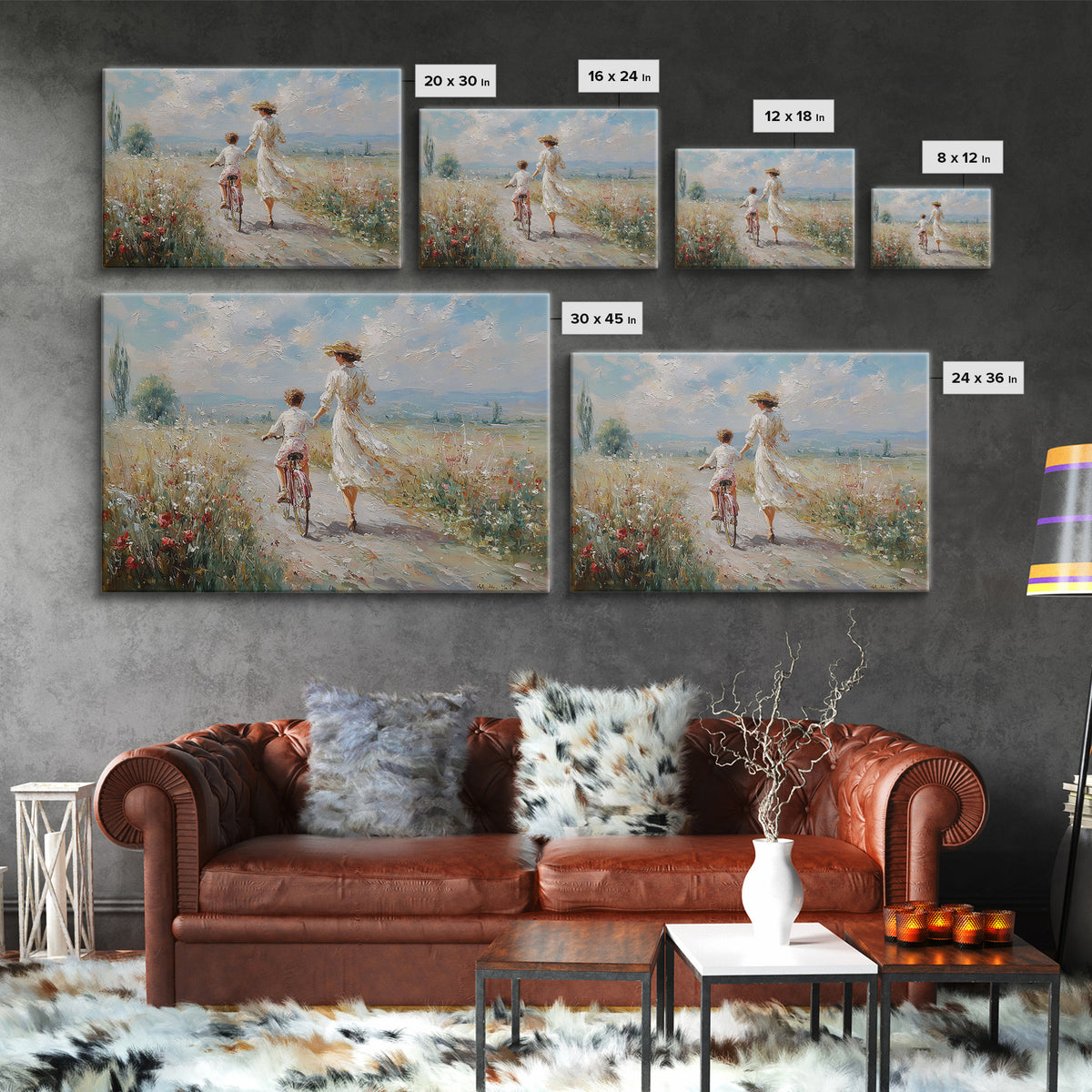 Mother Walking Beside Child On Bicycle Canvas Print, Impressionist Meadow Landscape, Coastal Wall Decor, Gift For Her, Fine Art