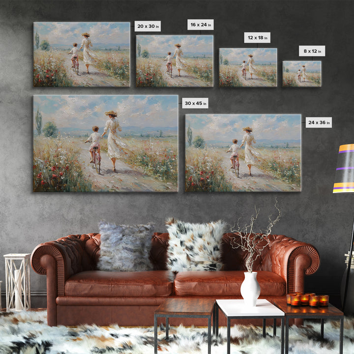 Mother Walking Beside Child On Bicycle Canvas Print, Impressionist Meadow Landscape, Coastal Wall Decor, Gift For Her, Fine Art