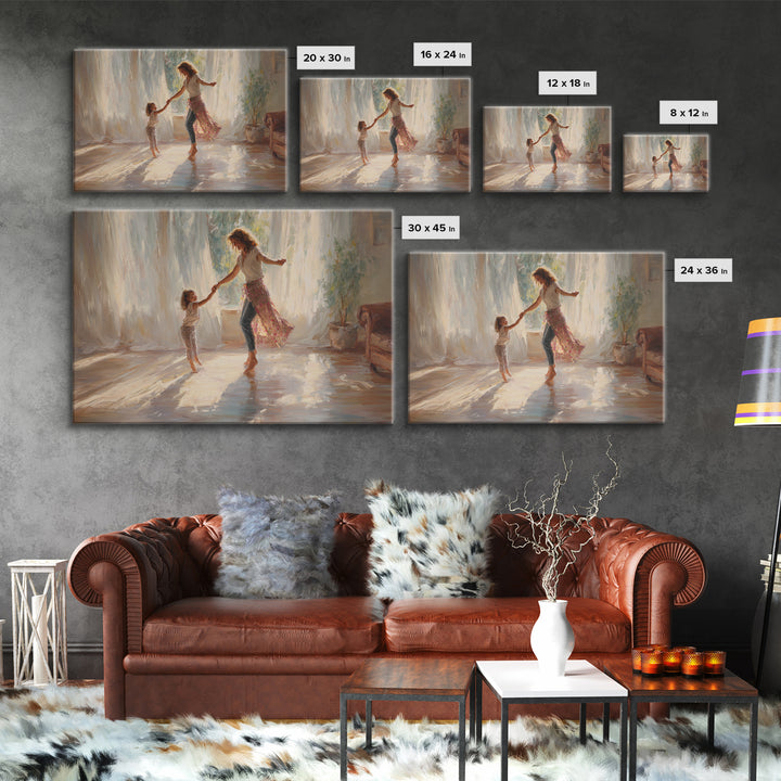 Sunlit Mother And Daughter Dancing Wall Art, Impressionist Family Painting, Feminine Bedroom Decor, Gift For Mom, Home Decor