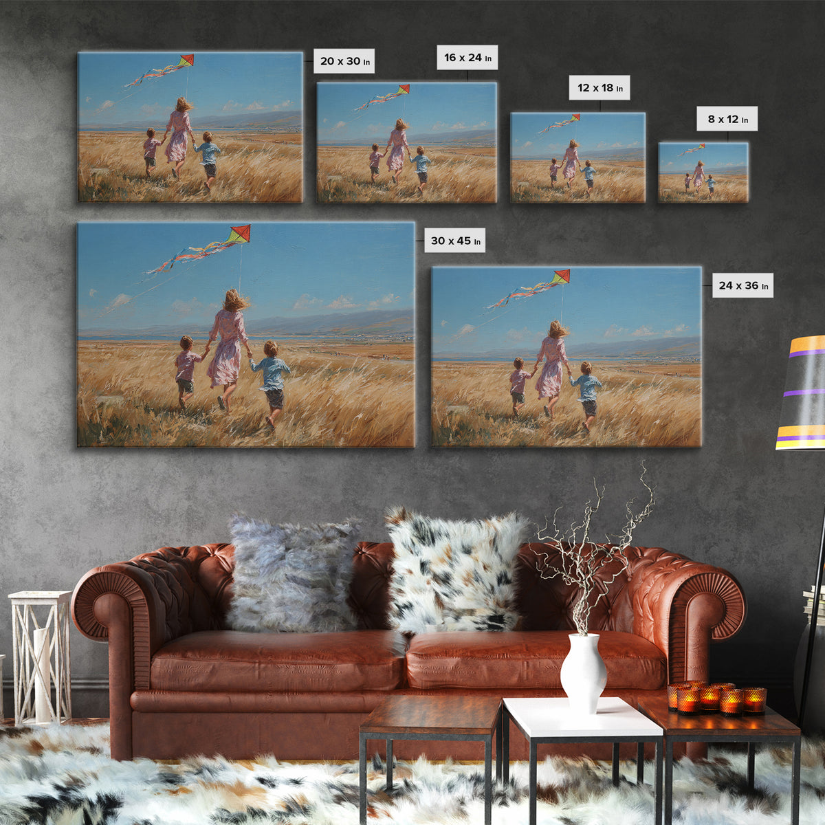 Mother And Children Running With Kite Through Golden Field Canvas Print, Impressionist Landscape, Family Gift, Farmhouse Decor