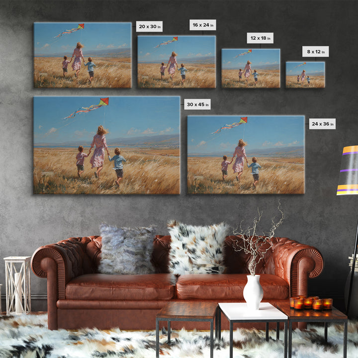 Mother And Children Running With Kite Through Golden Field Canvas Print, Impressionist Landscape, Family Gift, Farmhouse Decor