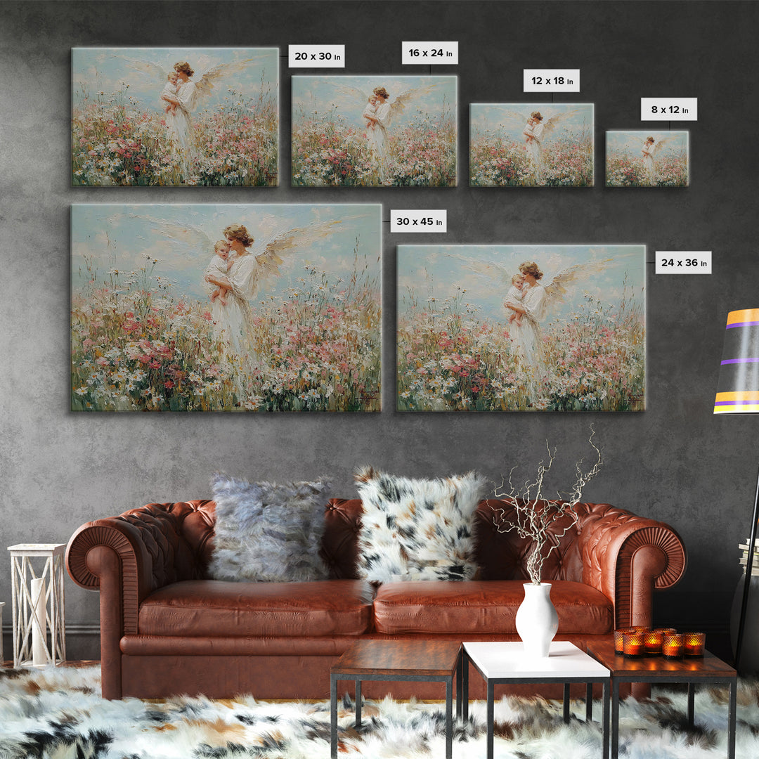 Angel Mother And Baby In Daisy Meadow Canvas Print, Christian Nursery Wall Art, Floral Home Decor, Mothers Day Gift For Mom