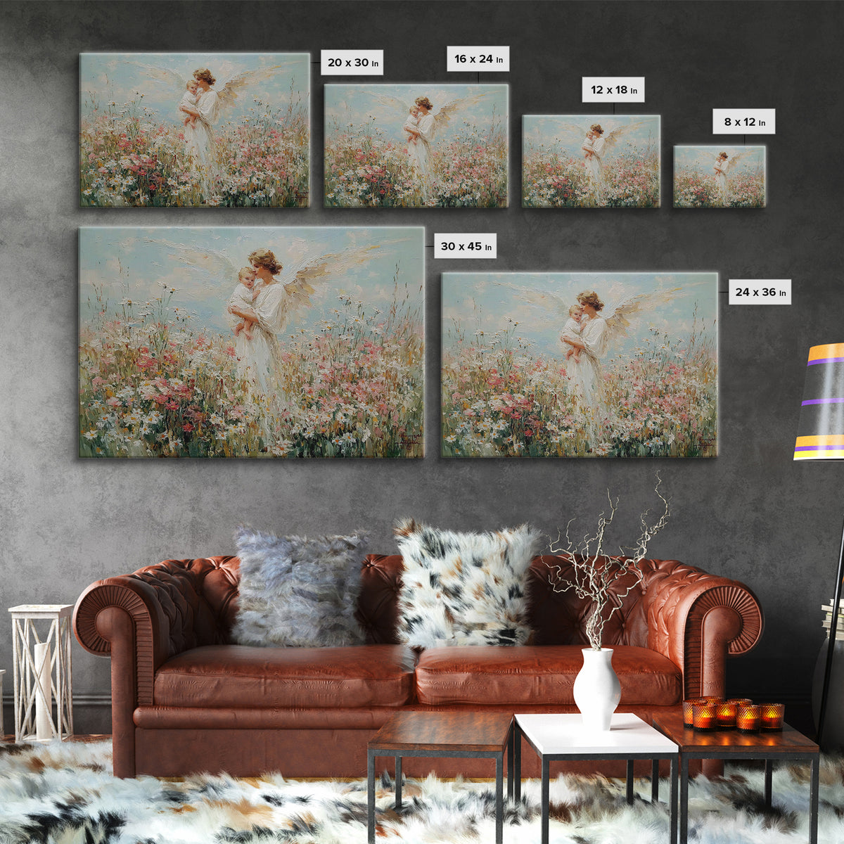 Angel Mother And Baby In Daisy Meadow Canvas Print, Christian Nursery Wall Art, Floral Home Decor, Mothers Day Gift For Mom