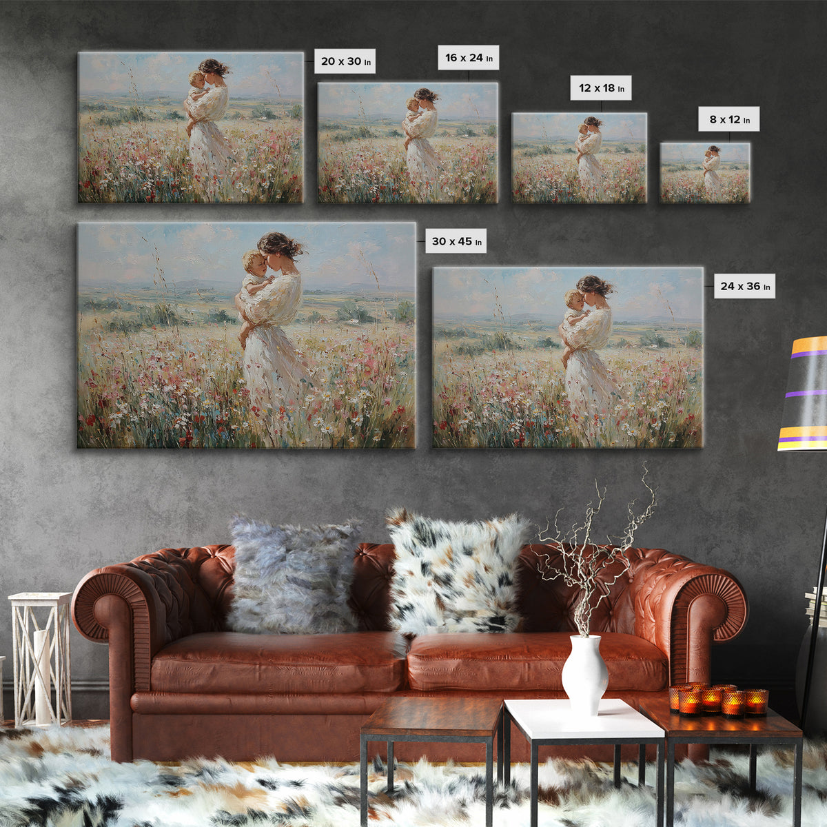 Mother And Child In Breezy Wildflower Field Canvas Print, Impressionist Wall Art, Nursery Decor, Baby Shower Gift For Mom