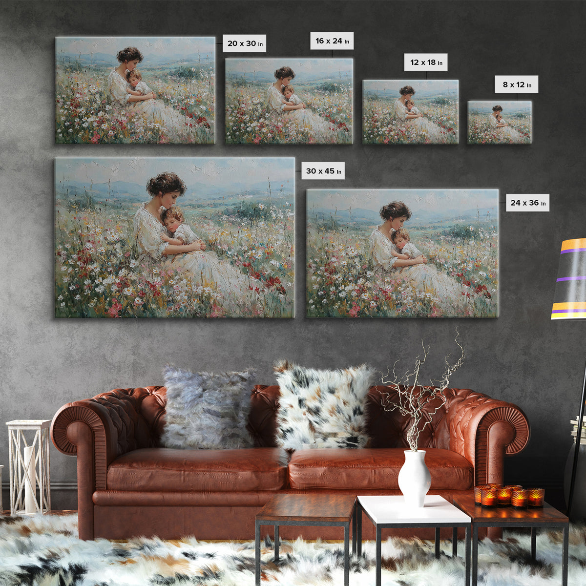 Seated Mother And Child Among Daisies Framed Canvas Print, Impressionist Wall Art, Floral Nursery Decor, Gift For New Mom