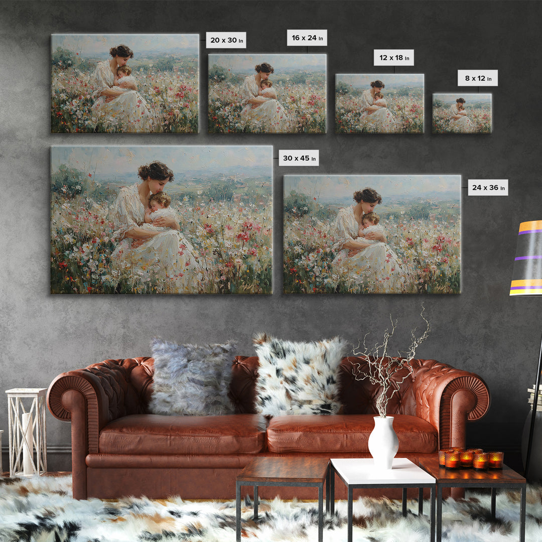 Mother Nursing Baby In Wildflower Meadow Wall Art, Impressionist Oil Painting, Christian Nursery Decor, Gift For New Mom