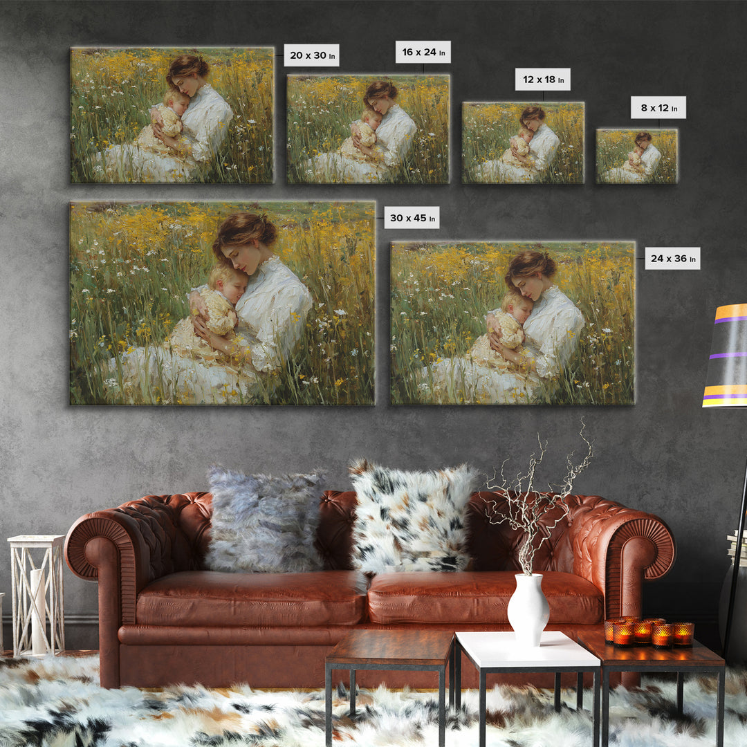 Mother And Sleeping Child In Yellow Wildflowers Canvas Print, Impressionist Wall Art, Floral Nursery Decor, Gift For Mom