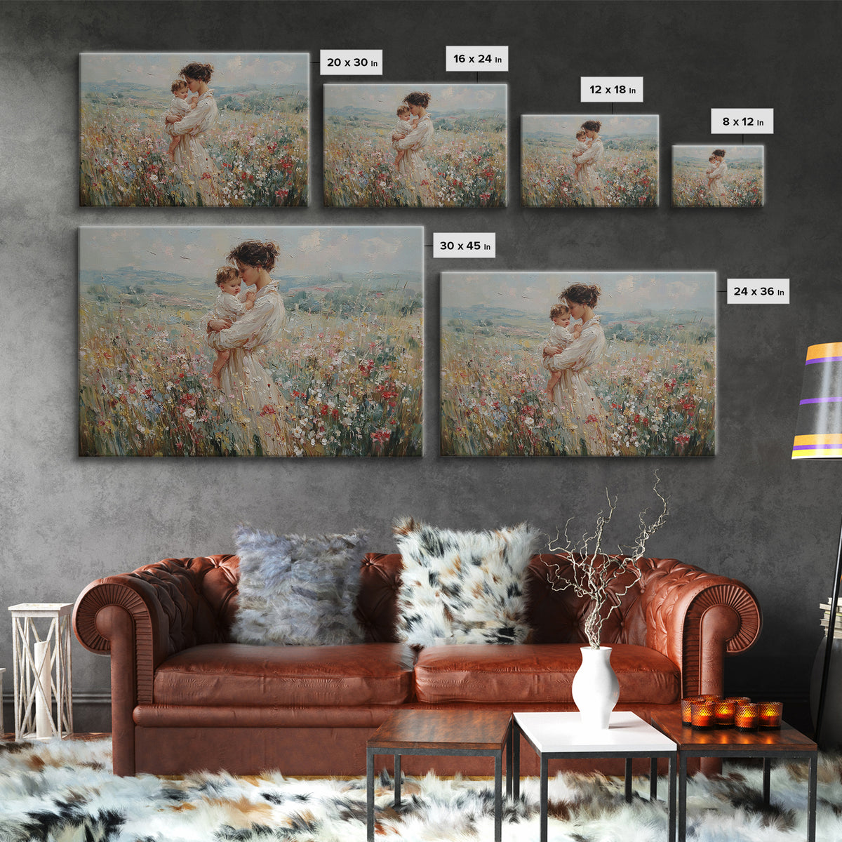 Mother Holding Baby In Mountain Wildflower Field Wall Art, Impressionist Canvas Print, Nursery Decor, Mothers Day Gift For Mom