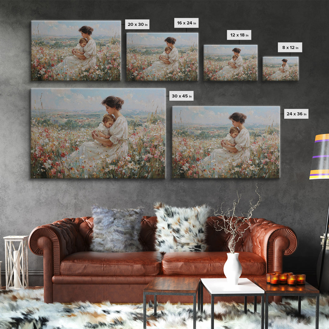 Seated Mother And Baby In Hilltop Wildflowers Canvas Print, Impressionist Landscape Art, Nursery Decor, Motherhood Gift For Her