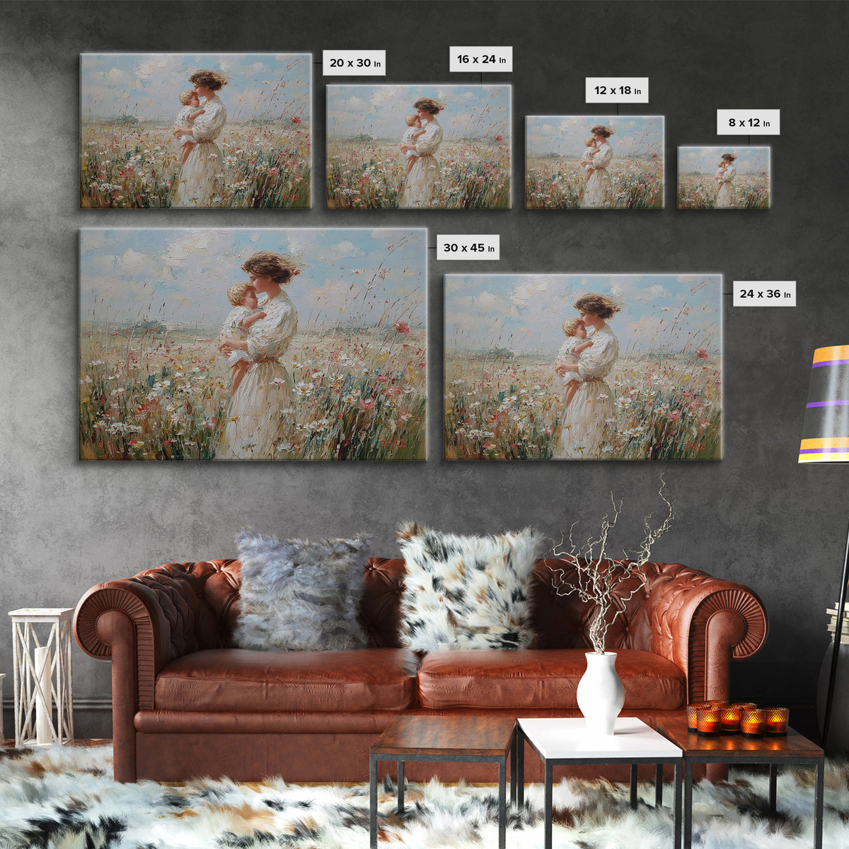 Mother Kissing Baby In Sunny Wildflower Field Wall Art, Impressionist Floral Canvas Print, Nursery Decor, Gift For Mom, Home Decor