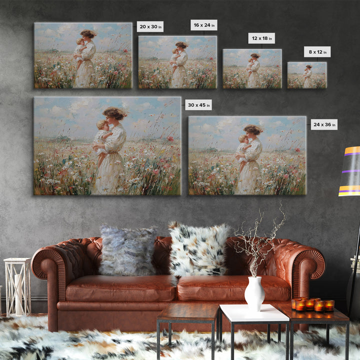 Mother Kissing Baby In Sunny Wildflower Field Wall Art, Impressionist Floral Canvas Print, Nursery Decor, Gift For Mom, Home Decor