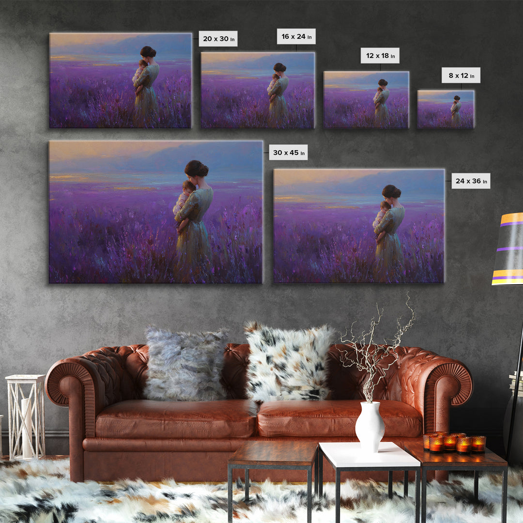 Mother And Baby In Lavender Sunset Field Wall Art, Impressionist Landscape Canvas Print, Purple Bedroom Decor, Gift For Her