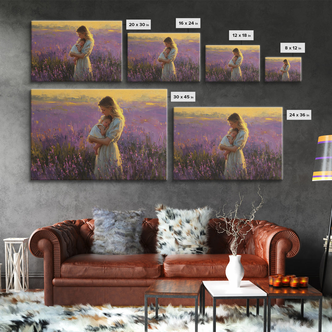 Mother And Baby In Lavender Sunset Wall Art, Impressionist Oil Painting Print, Feminine Nursery Decor, Gift For Mom, Mothers Day Gift