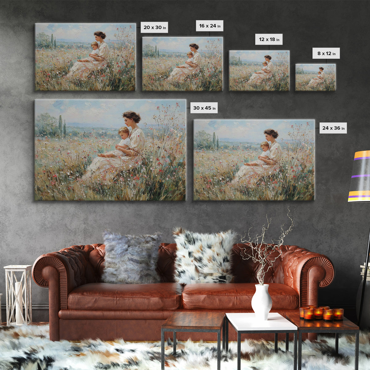 Mother And Child In Wildflower Meadow Canvas Print, Impressionist Landscape Art, Soft Nursery Decor, Gift For Mom, Fine Art