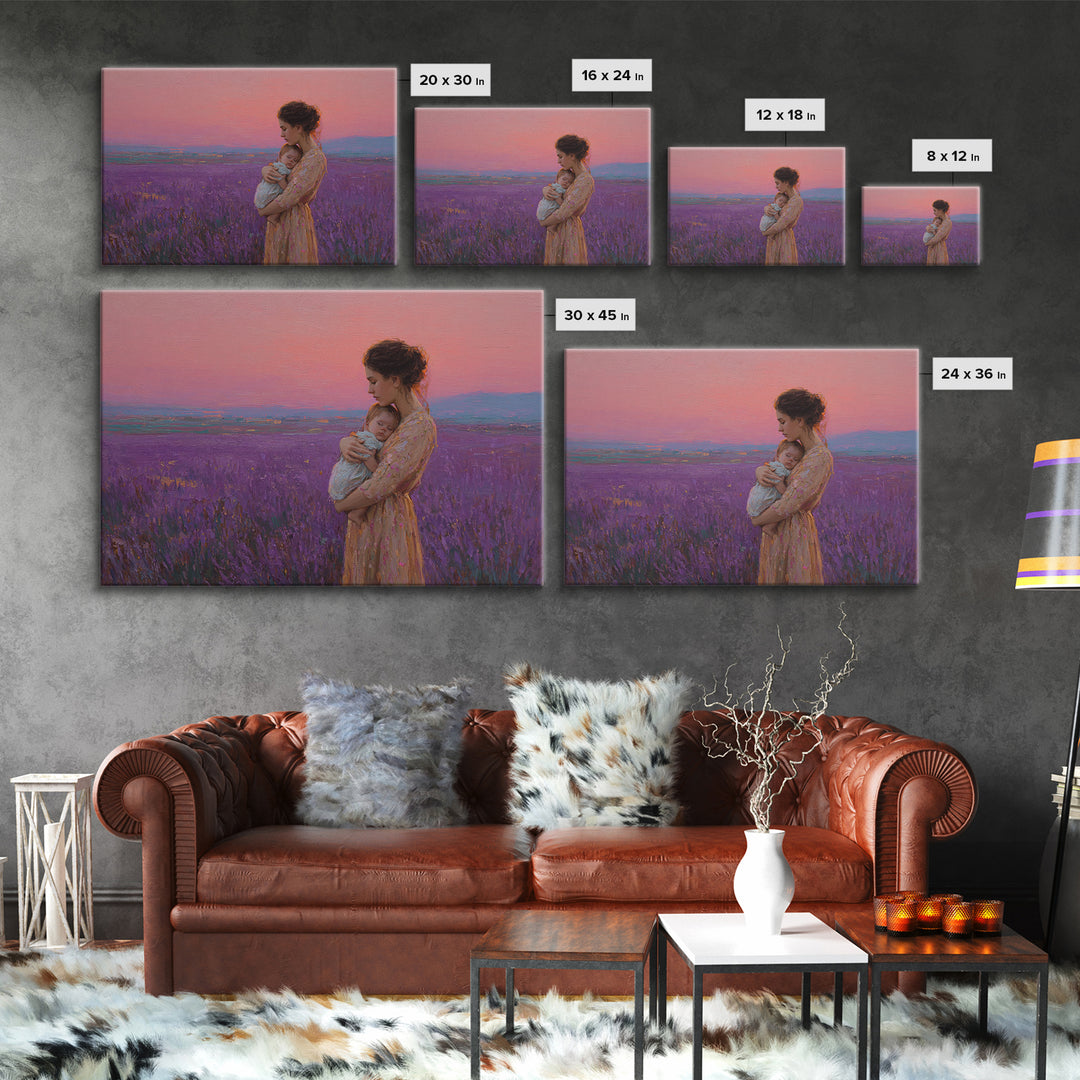 Mother And Baby In Pink Lavender Field Framed Canvas Print, Romantic Nursery Wall Art, Impressionist Landscape, Gift For Mom