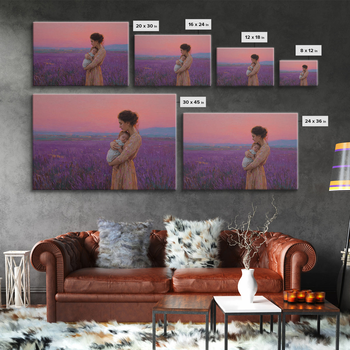 Mother And Baby In Pink Lavender Field Framed Canvas Print, Romantic Nursery Wall Art, Impressionist Landscape, Gift For Mom