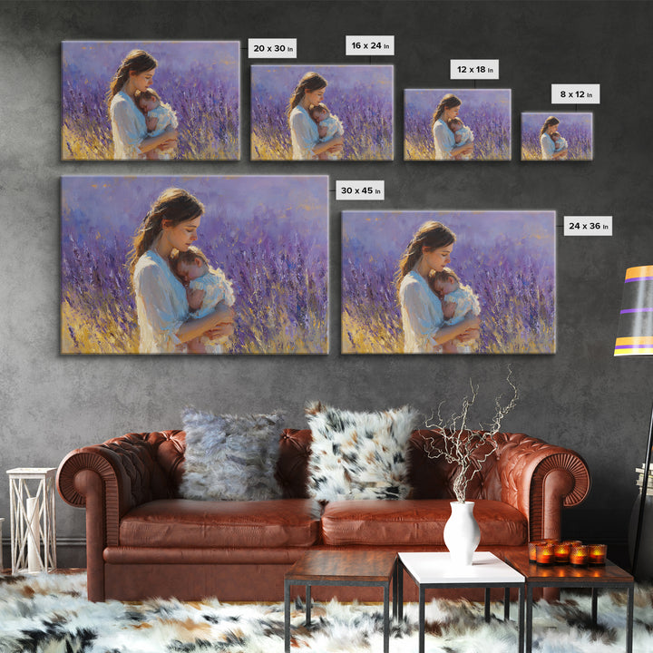 Tender Mother And Sleeping Baby Lavender Wall Art, Impressionist Oil Painting Print, Feminine Nursery Decor, Gift For Mom