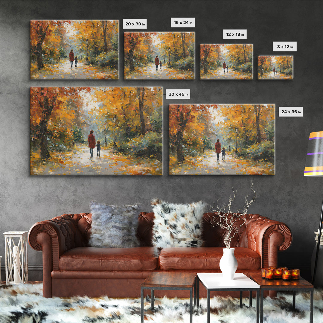Mother And Child In Golden Autumn Park Framed Canvas Print, Impressionist Fall Landscape Wall Art, Cozy Living Room Decor
