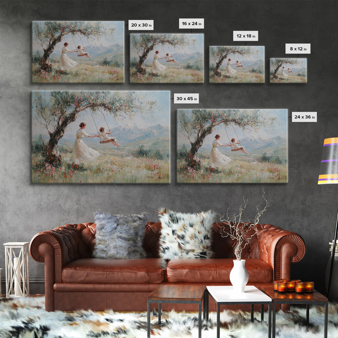 Mother Pushing Child On Meadow Swing Wall Art, Mountain Landscape Oil Painting Print, Whimsical Nursery Decor, Gift For Mom