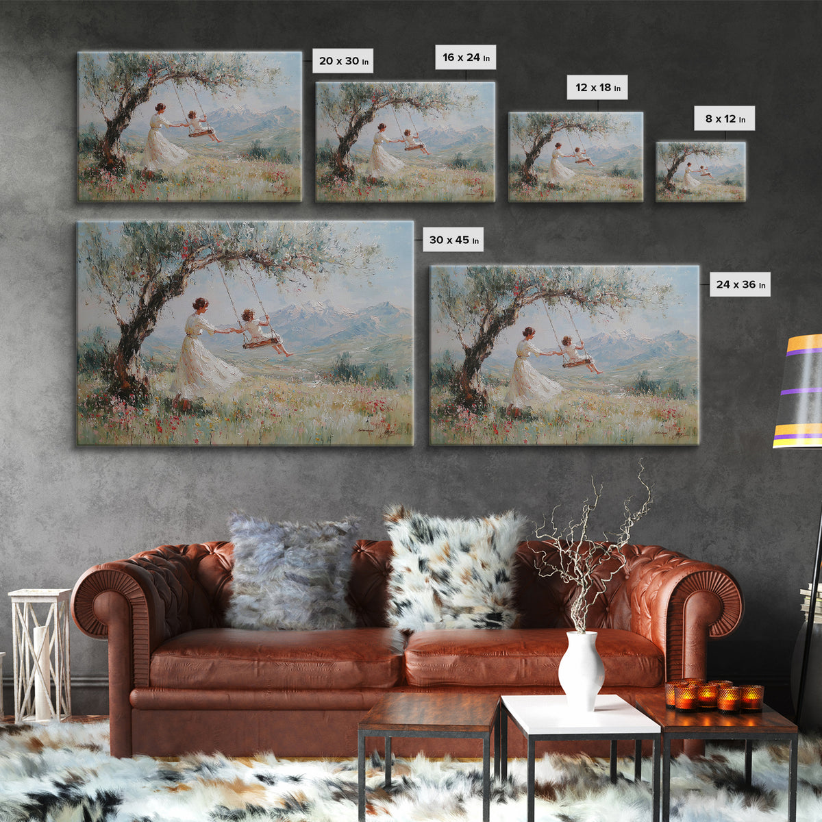 Mother Pushing Child On Meadow Swing Wall Art, Mountain Landscape Oil Painting Print, Whimsical Nursery Decor, Gift For Mom