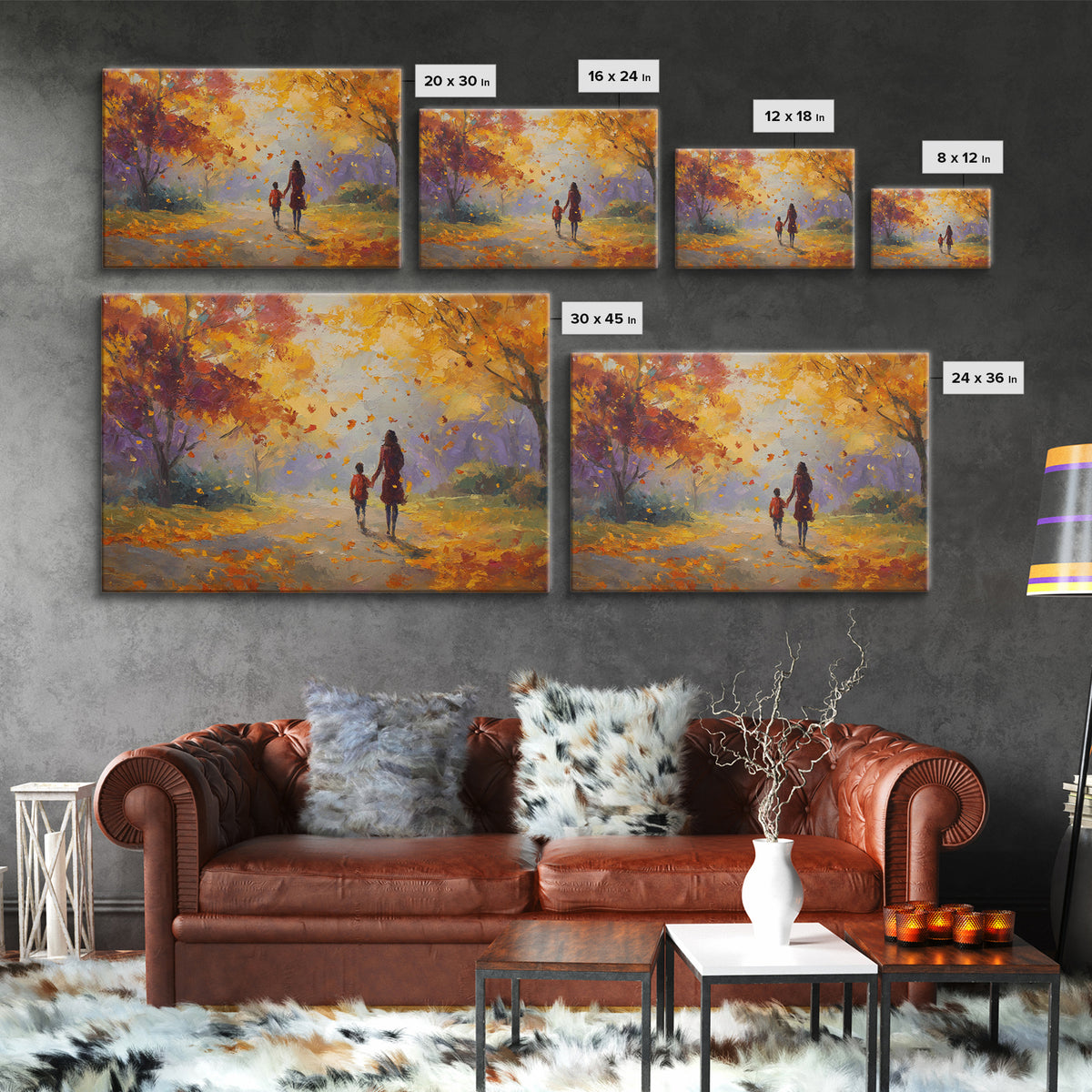 Mother And Child Under Golden Autumn Trees Canvas Print, Impressionist Fall Landscape Wall Art, Cozy Home Decor, Gift For Mom
