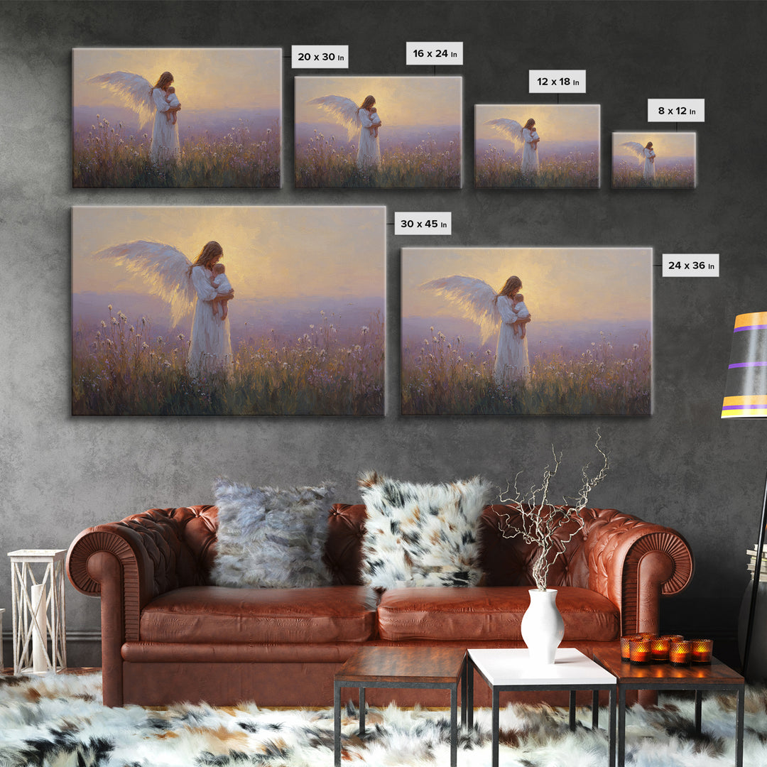 Guardian Angel Holding Baby Framed Canvas Print, Golden Meadow Oil Painting, Spiritual Nursery Decor, Christian Gift For Mom